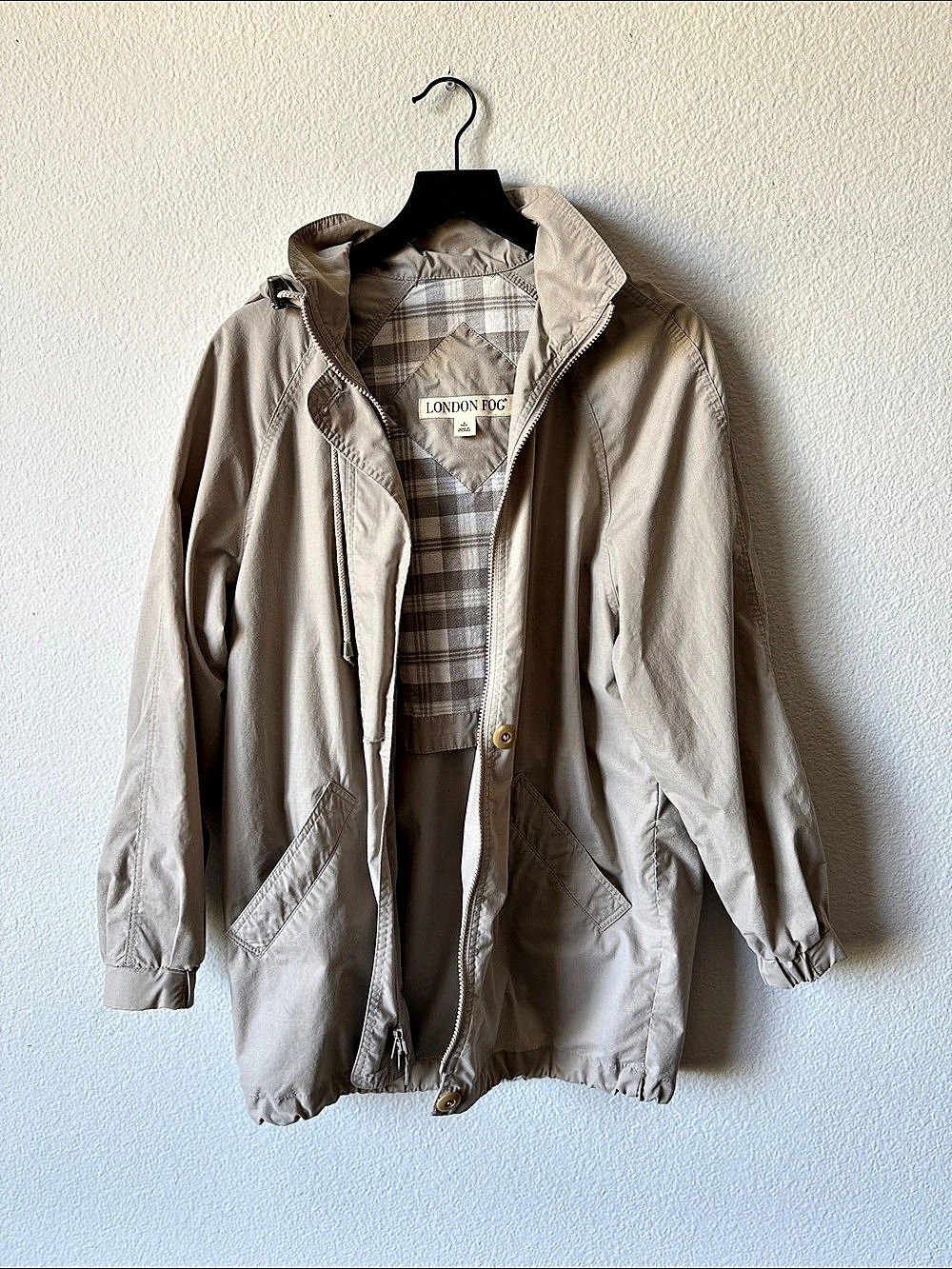 London Fog Beige Hooded Utility Jacket Size Fall Lined Removable Hood